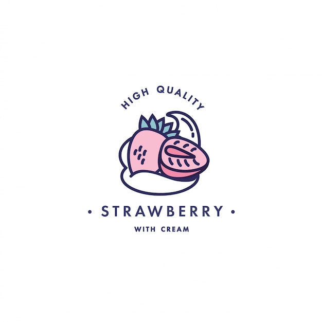 Design template logo and emblem - taste and liquid for vape - strawberry with cream. logo in trendy linear style.