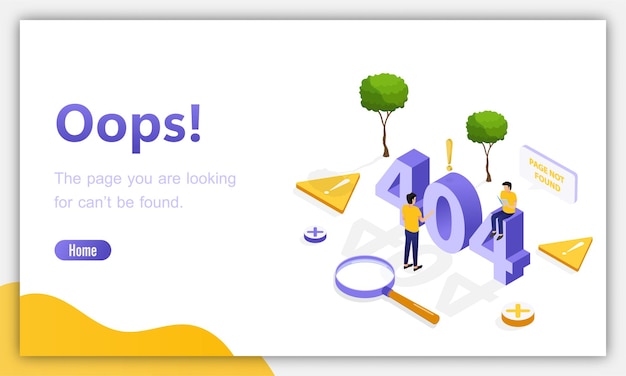 design template for web page with 404 error isometric page not working error lost not found 404 sign problem landing vector design