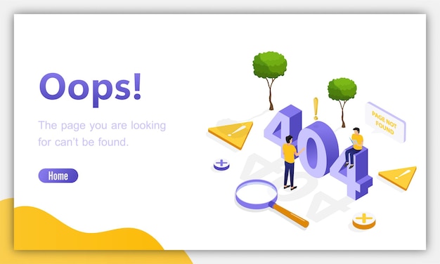 Design template for web page with 404 error isometric page not working error lost not found 404 sign problem landing vector design