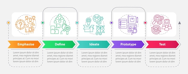 Vector design thinking process for business rectangle infographic template data visualization with 5 steps process timeline info chart workflow layout with line icons myriad probold regular fonts used