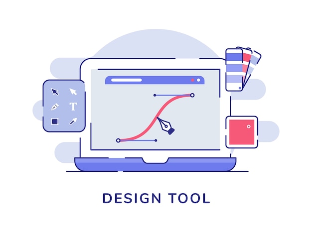 Design tool concept pen make curve line on display laptop screen with flat outline style