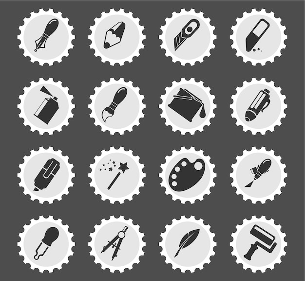 design tools icons on stylized round postage stamps