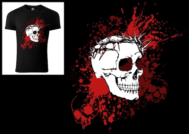 Design of a tshirt skull with a crown of thorns on a bloody ink smudge