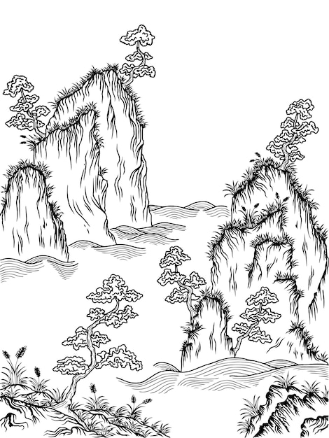 Design Vector Asian Landscape Mountain Outline Art