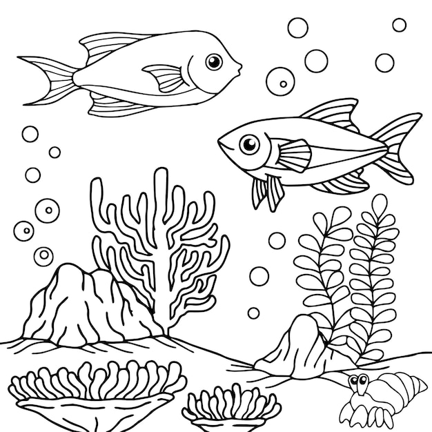 Design Vector Coloring Page Aqua Fish for Kid