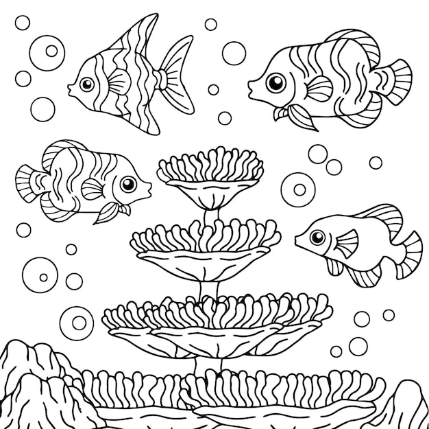 Design Vector Coloring Page Fish Undersea for Kid