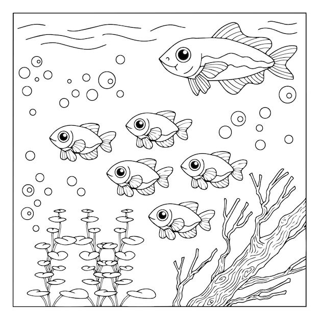 水中の子供の魚のためのデザインベクトルぬりえページ