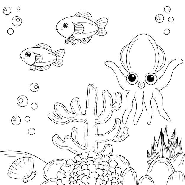 Disegno vettoriale acquario di pesci da colorare per bambini