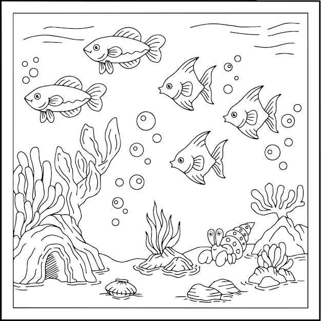 Vettore disegno vettoriale pesce sotto la pagina di colorazione del mare per il contorno del bambino