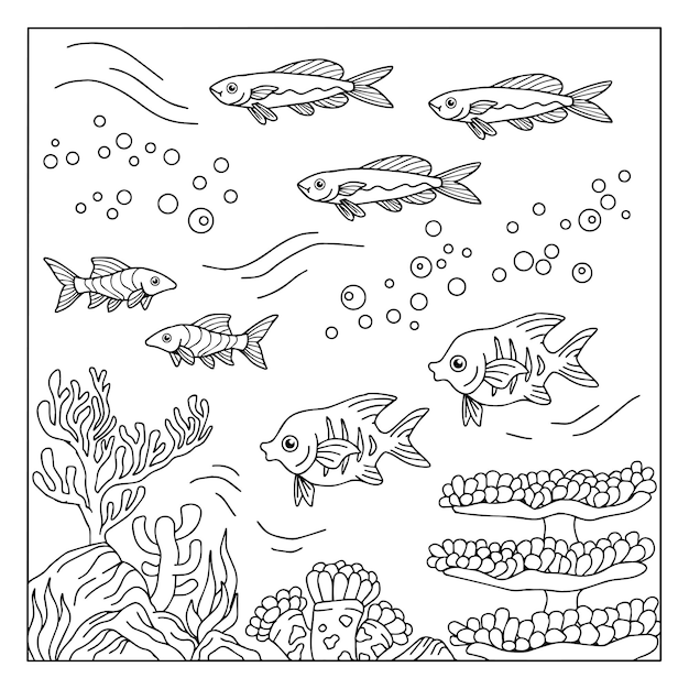 Vettore disegno vettoriale pesce sotto la pagina di colorazione del mare per il contorno del bambino