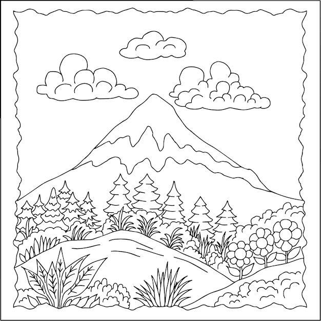 Vettore disegno vettoriale contorno paesaggio montagna pagina da colorare per bambini