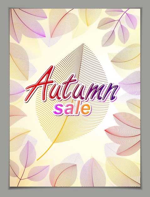 Design vertical banner with Autumn typing logo, fall red and yellow leaves frame composition background. Card for autumn season, promotion offer. Stylish classy botanical drawing, environment.