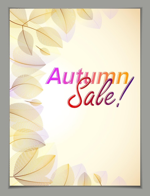 Design vertical banner with Autumn typing logo, fall red and yellow leaves frame composition background. Card for autumn season, promotion offer. Stylish classy botanical drawing, environment.