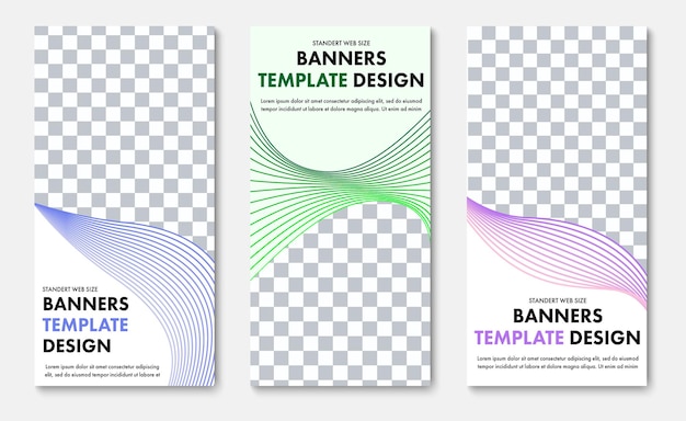 Design of vertical web banners with place for photo and abstract wave lines