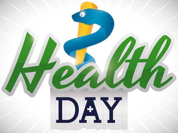 Design with Asclepius staff behind sign and square paper with medical cross promoting Health Day