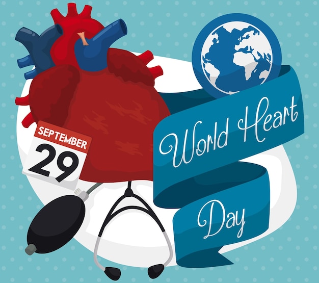 Vettore progettare con il cuore e gli strumenti medici per la giornata mondiale del cuore