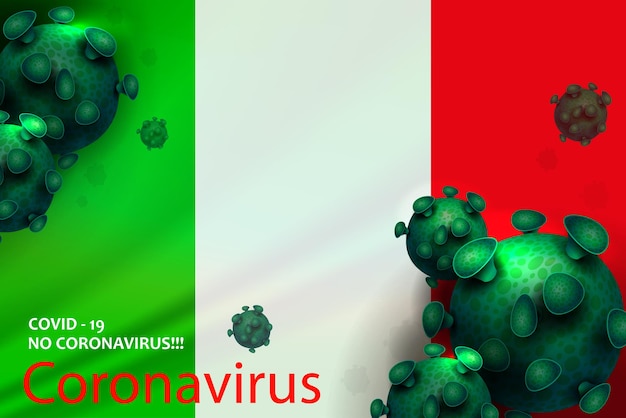 Design with a silhouette of the flag of Italy and elements of the green coronavirus