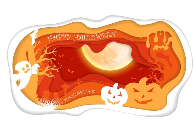 Design con zucca sul cimitero happy halloween paper art style illustrazione vettoriale tagliata