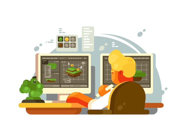Vector designer 3d modeling. creates design on computer model. vector ilustration