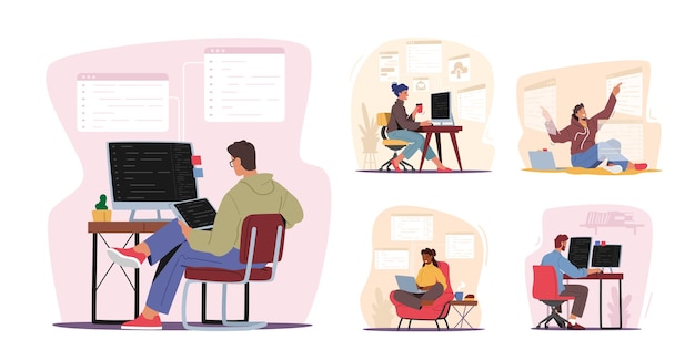 コンピューターコーディングに取り組んでいるデザイナーキャラクター