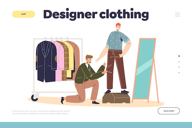 Designer clothing concept of landing page with male dressmaker sewing garment on customer during fitting tailor man at work in workshop atelier sewer dressmaking cartoon flat vector illustration