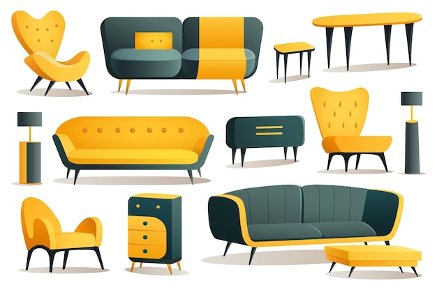 デザイナー家具セット これは黄色のデザインのセットのフラットで漫画風のイラストです