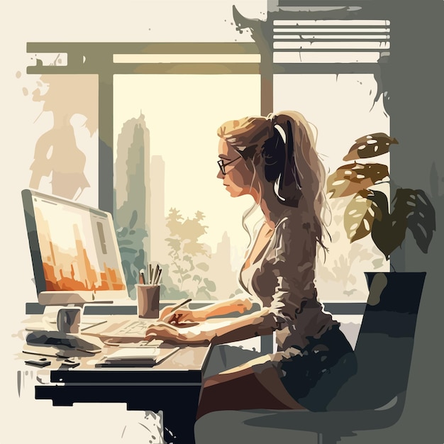 A designer girl working on a laptop, in an office dress, on a work desk beside a window,