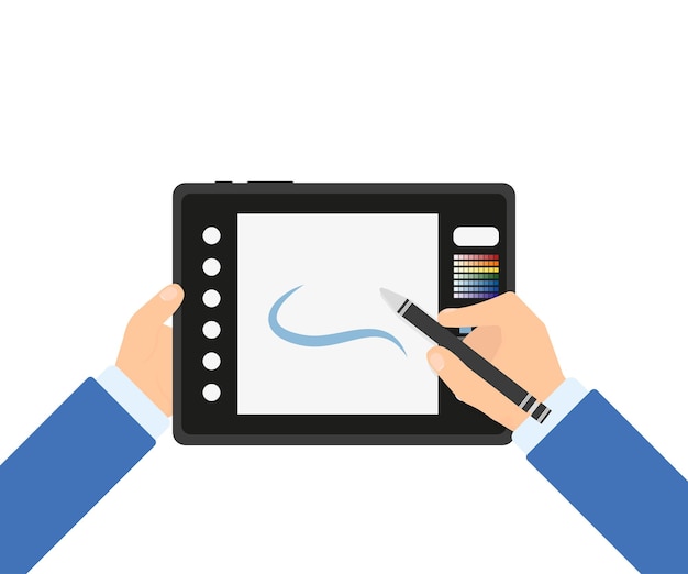 Designer grafisch tablet met stylus in de hand