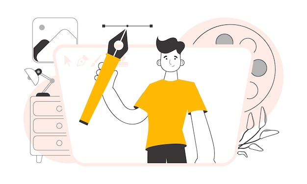 The designer guy holds a pen tool for 2d graphics in his hand line art style vector illustration