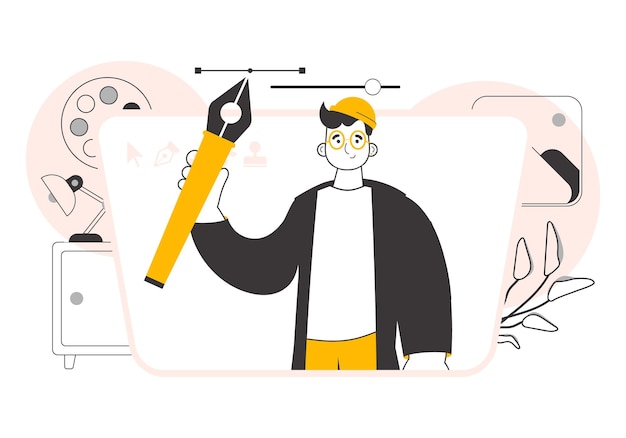 the designer guy holds a pen tool for 2d graphics in his hand linear trendy style vector illustration