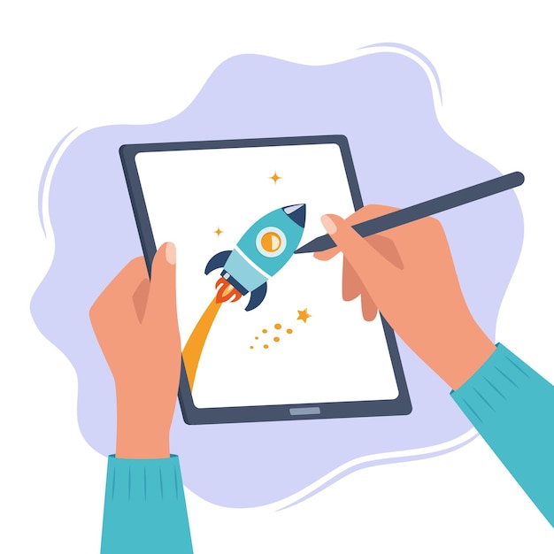 Vector designer illustrator draws a cute illustration on graphic tablet with pen hands holding tablet