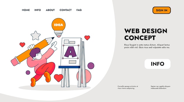 Designer landing page Web page template with sketch concept cartoon character and creative process Vector UI design concept Boy carrying pencil and creating online interface banner template
