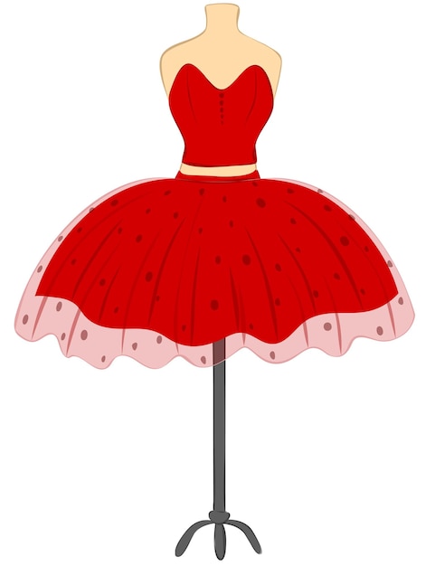 Дизайнерское красное платье на манекене с туфлями Vintage Beautiful look Party или коктейльное платье Vector