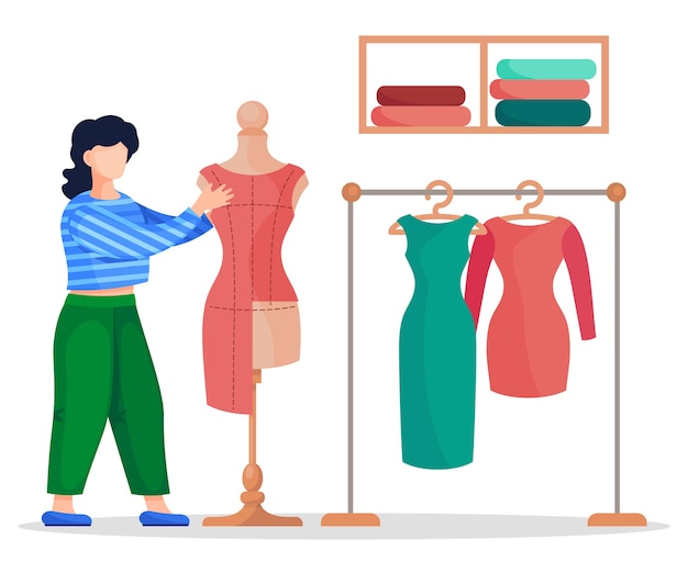 Premium Vector | Designer or seamstress working with textile of red dress