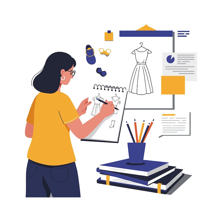 Vector designer sketching fashion ideas while organizing clothing concepts on a board