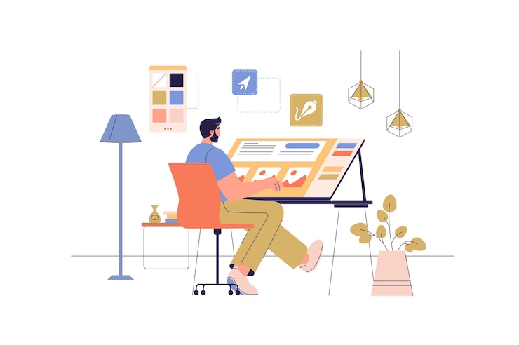 Vector designer studio web concept with people scene illustrator working at drawing table with pen and palette creative artist making content character situation in flat design vector illustration