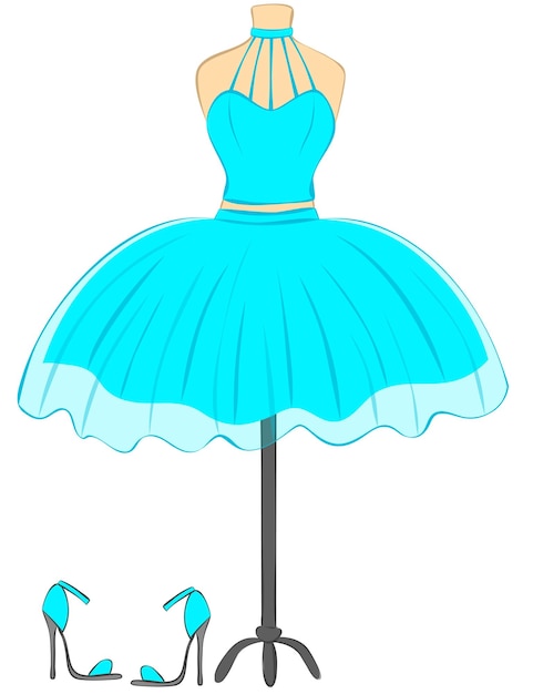 Designer turquoise jurk op een mannequin met schoenen feest- of cocktailjurk vectorillustratie