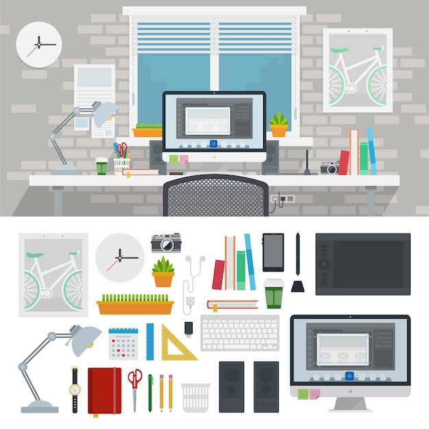 Vector designer working place many technics books pen pencil rulers lamp clock interior details