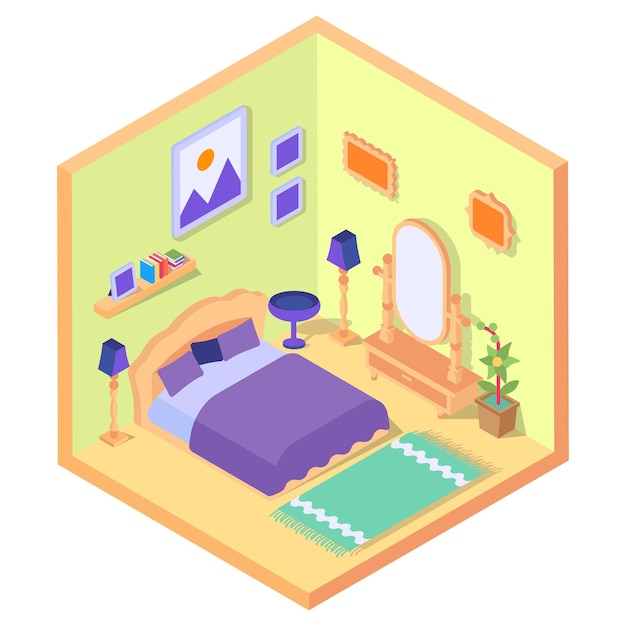 Designers Decorated Room Concept Domestic Motel Room vector color isometric icon design compact