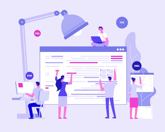 Vettore progettisti e programmatori che creano sito aziendale