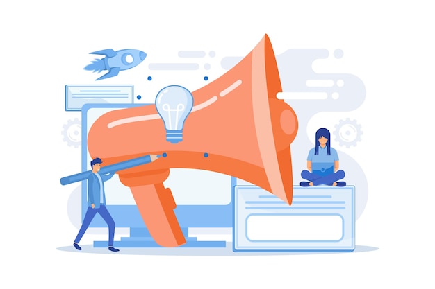 Designers work on new brand and big megaphone. Brand identity and logo, business card, advertisement