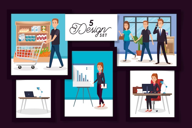 Designs of business people in the workplace and purchaser