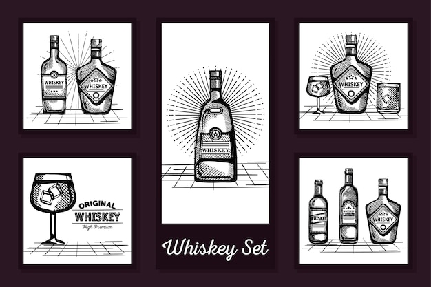 Disegni disegnati di bottiglie di whisky e bicchieri di vetro