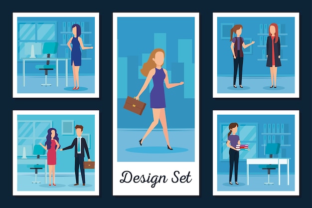 Designs set business people and workplaces