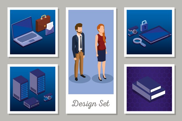 Designs set of digital technology and business people