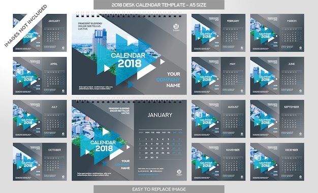 Desk Calendar 2018 template - 12 months included - A5 Size - Art Brush Theme