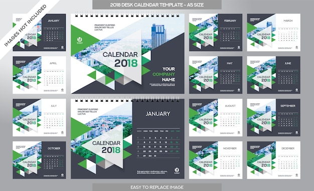Вектор Настольный календарь 2018 шаблон - 12 месяцев включены - a5 размер - искусство кисти тема