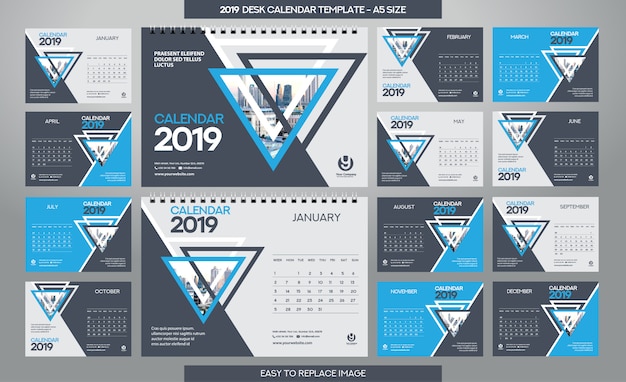 Desk Calendar 2019 template - 12 months included