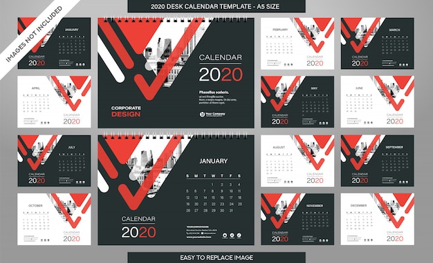 Vettore modello desk calendar 2020 - 12 mesi inclusi