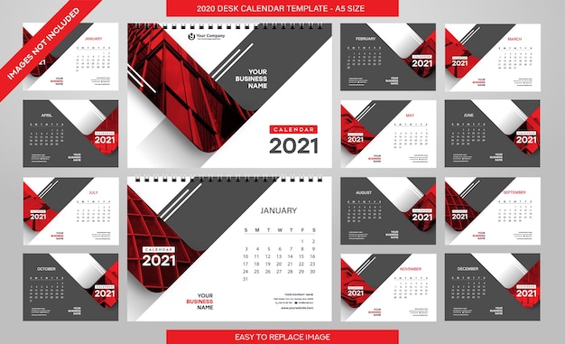 Вектор Шаблон настольного календаря на 2021 год - 12 месяцев в комплекте - размер a5